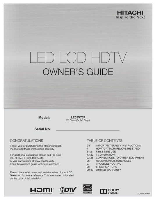 Hitachi LE55 V 707 TV Operating Manual