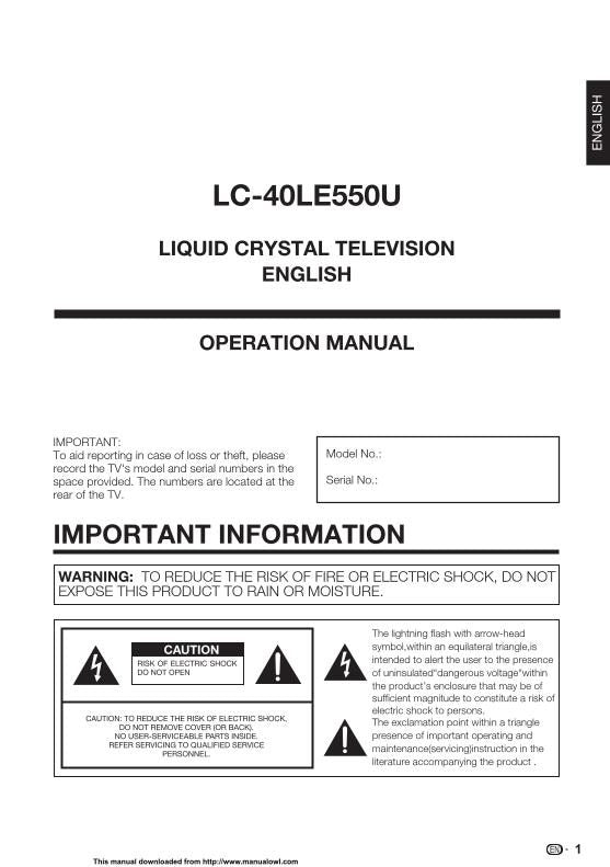 Sharp LC40LE550U TV Operating Manual