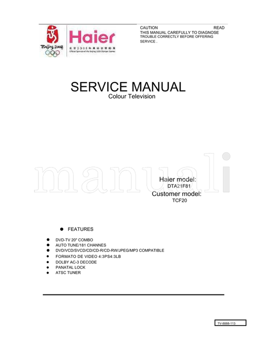 Haier DTA21F81 TCF20 TV-8888-113 (20 pages) TV Service Manual