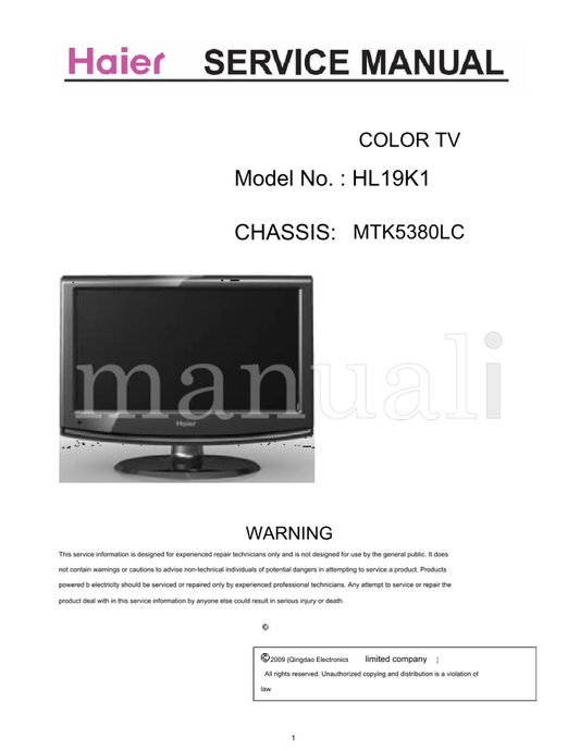 Haier HL19K1 MTK5380LC (50 pages) TV Service Manual