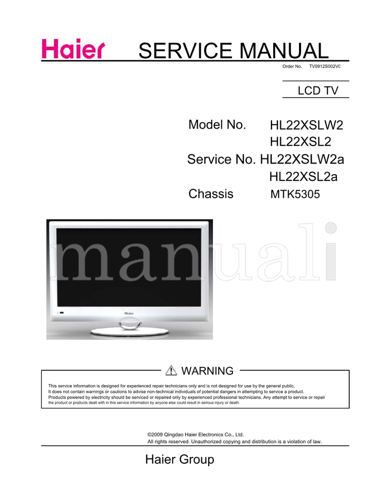 Haier TV0912S002V0 HL22XSLW2 HL22XSL2 HL22XSL2a MTK5305 (56 pages) TV Service Manual
