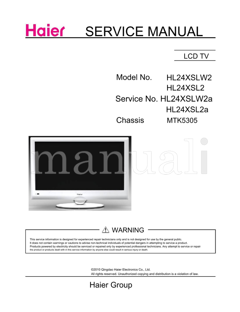 Haier TV1004S010V0 HL24XSLW2 HL24XSL2 HL24XSL2a MTK5305 (56 pages) TV Service Manual