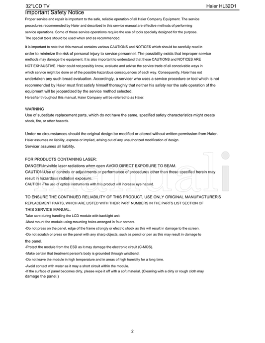 Haier 32LCD HL32D1 (44 pages) TV Service Manual