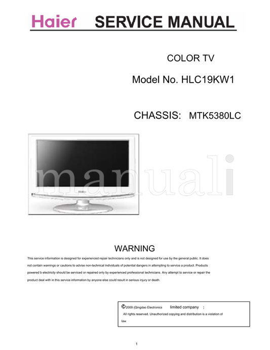 Haier HLC19KW1 MTK5380LC (50 pages) TV Service Manual