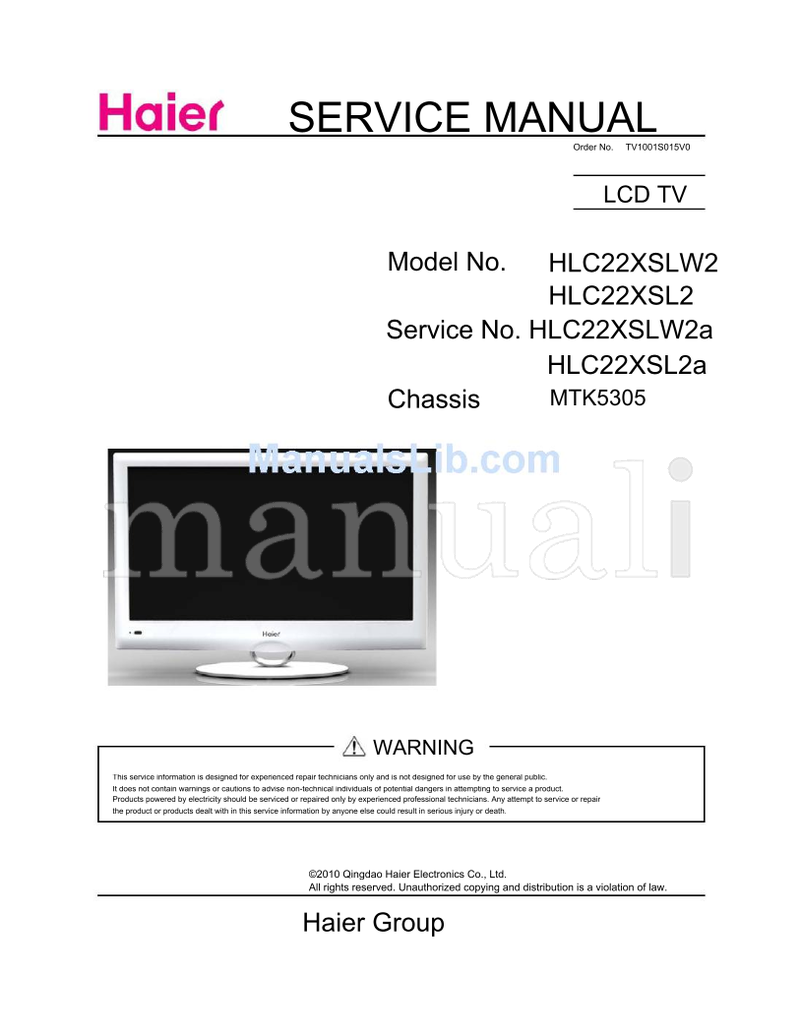 Haier TV1001S015V0 HLC22XSLW2 HLC22XSL2 HLC22XSL2a MTK5305 (26 pages) TV Service Manual
