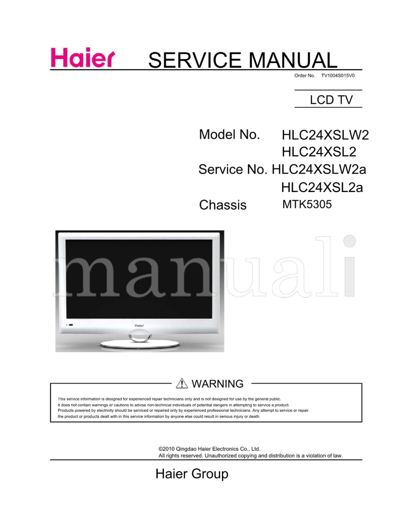 Haier TV1004S015V0 HLC24XSLW2 HLC24XSL2 HLC24XSL2a MTK5305 (35 pages) TV Service Manual