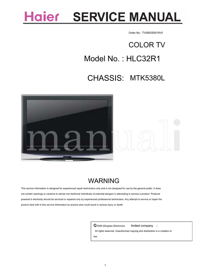 Haier HLC32R1 MTK5380L (55 pages) TV Service Manual