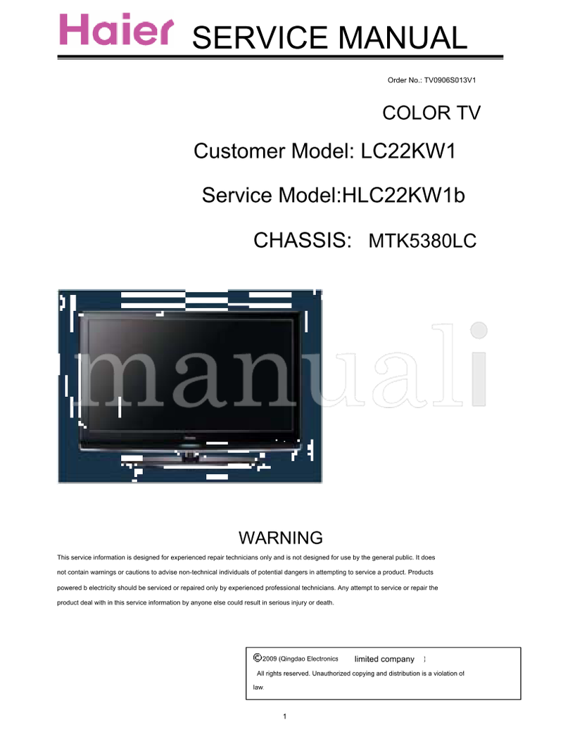 Haier LC22KW1 MTK5380LC (50 pages) TV Service Manual
