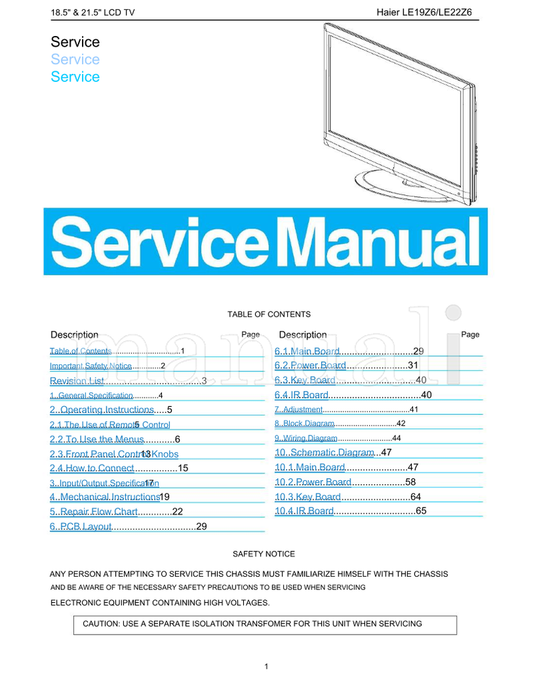 Haier LE19Z6 LE22Z6 (65 pages) TV Service Manual