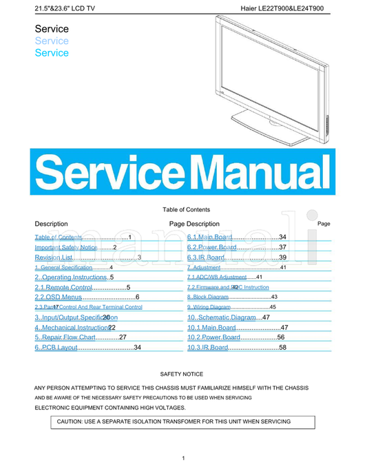 Haier LE22T900 LE24T900 (59 pages) TV Service Manual