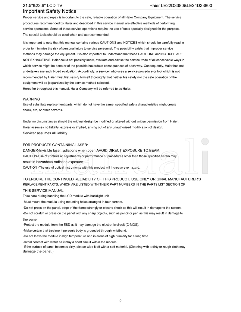 Haier LE22D3380 LE24D33800 (64 pages) TV Service Manual