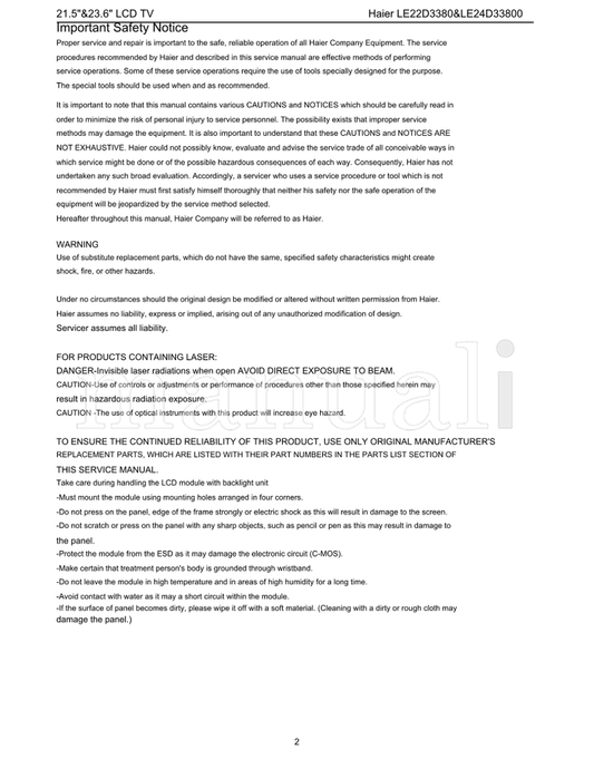 Haier LE22D3380 LE24D33800 (64 pages) TV Service Manual