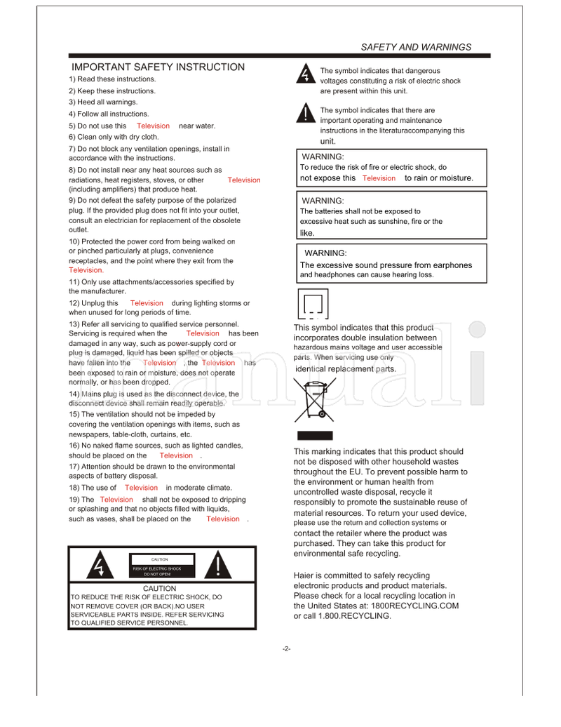 Haier LEC32B1380 LEC32B1380W (24 pages) TV Operating Manual
