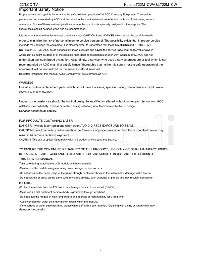 Haier 22LCD LT22M1CWA LT22M1CW (115 pages) TV Service Manual
