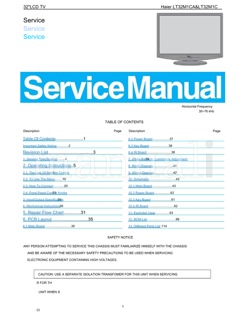Haier 32LCD LT32M1CA LT32M1C (114 pages) TV Service Manual