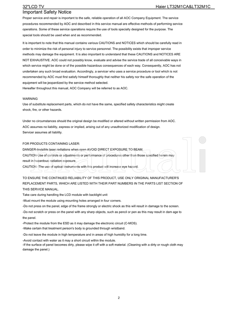 Haier 32LCD LT32M1CA LT32M1C (114 pages) TV Service Manual