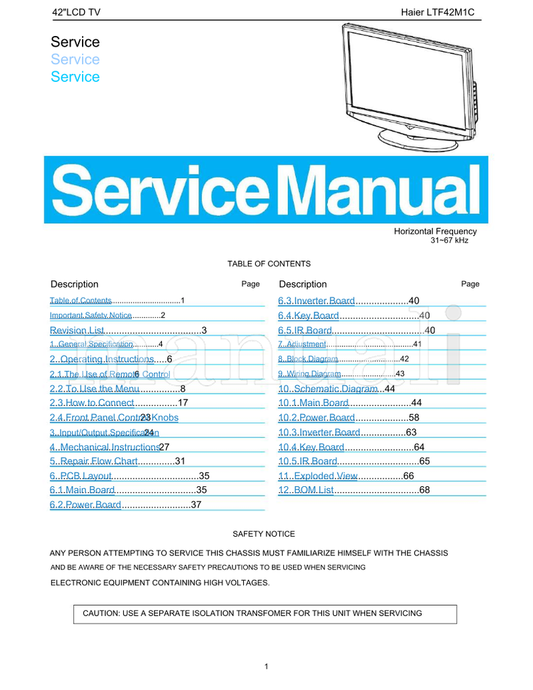 Haier 42LCD LTF42M1C (83 pages) TV Service Manual