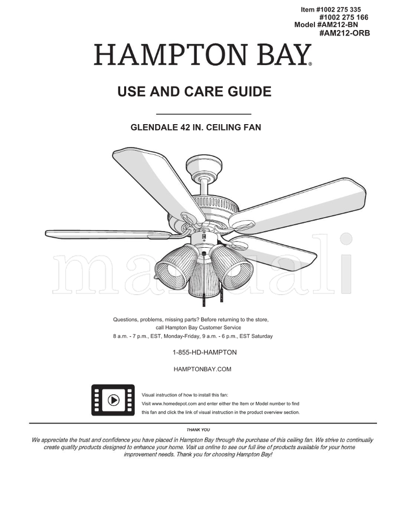 Hampton Bay AM212-BN AM212-ORB (22 pages) Ceiling Fan Operating Manual