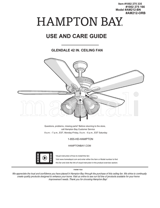 Hampton Bay AM212-BN AM212-ORB (22 pages) Ceiling Fan Operating Manual