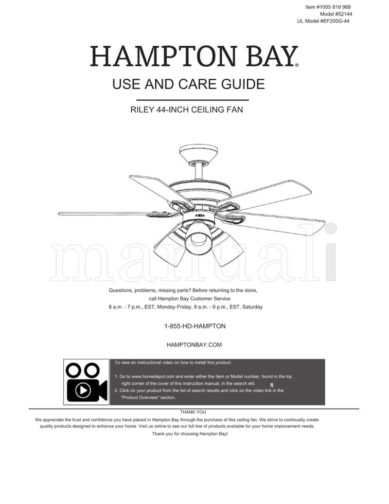 Hampton Bay 52144 EF200G-44 (16 pages) Ceiling Fan Operating Manual