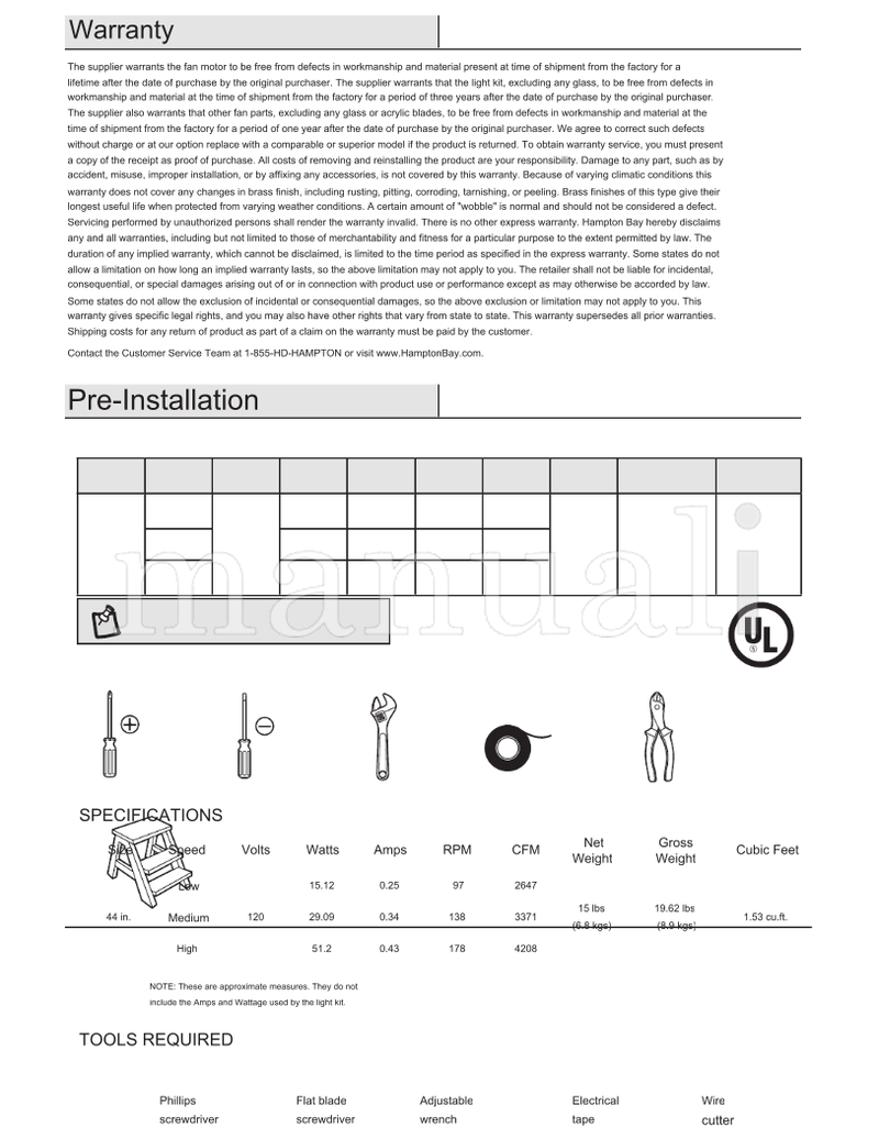 Hampton Bay 52144 EF200G-44 (16 pages) Ceiling Fan Operating Manual