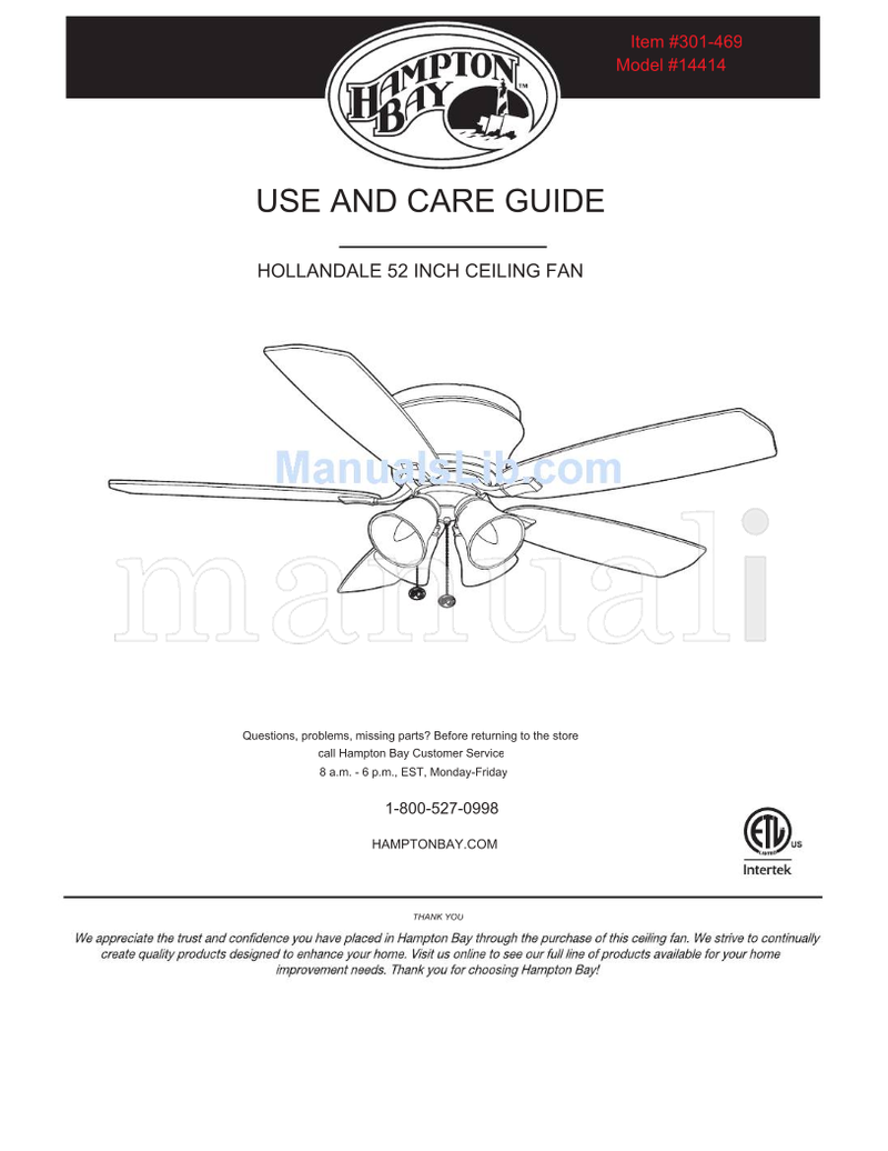 Hampton Bay 14414 (16 pages) Ceiling Fan Operating Manual – Manuali