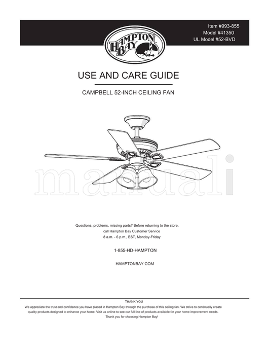 Hampton Bay 41350 52-BVD (32 pages) Ceiling Fan Operating Manual