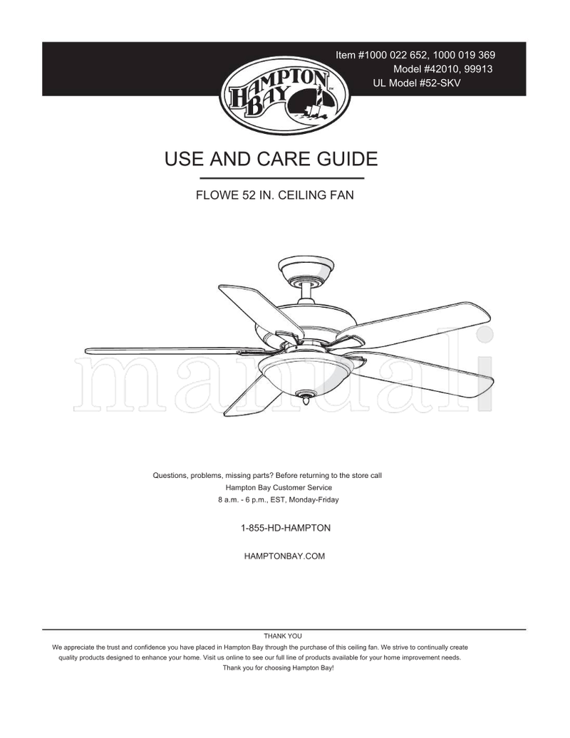 Hampton Bay 42010 99913 52-SKV (38 pages) Ceiling Fan Operating Manual