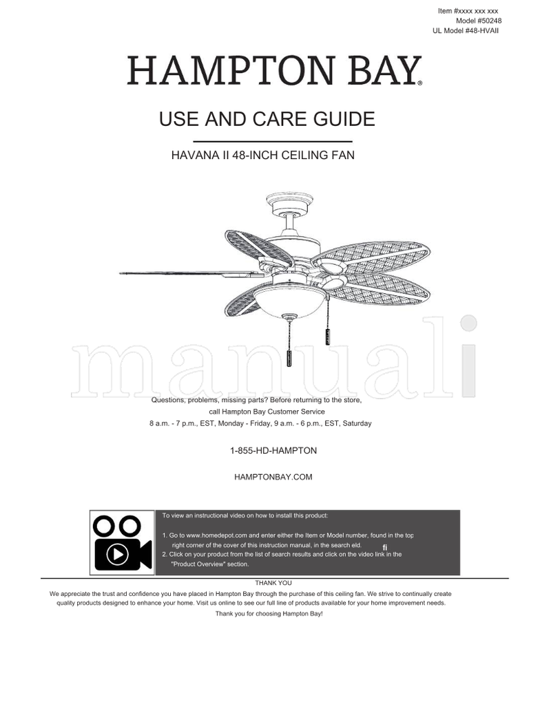 Hampton Bay 50248 48-HVAII (15 pages) Ceiling Fan Operating Manual