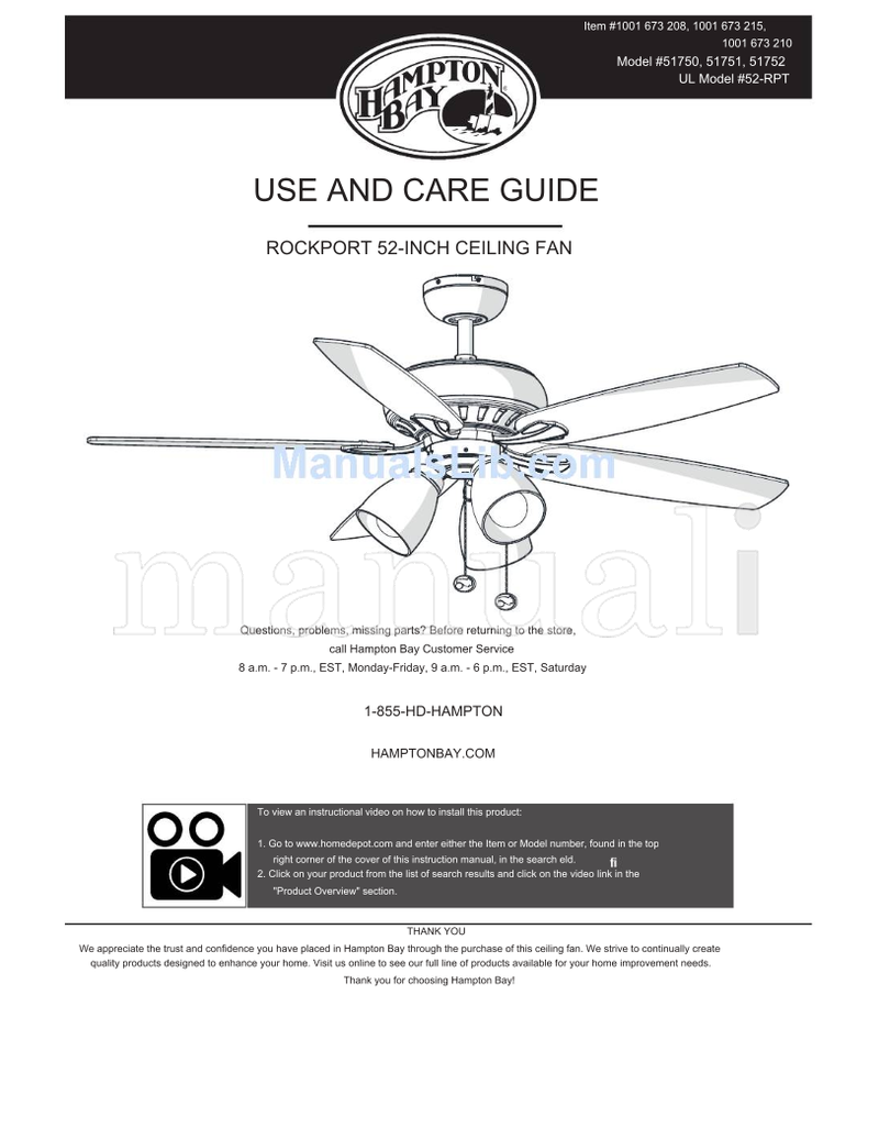 Hampton Bay 51750 51751 51752 52-RPT (15 pages) Ceiling Fan Operating Manual