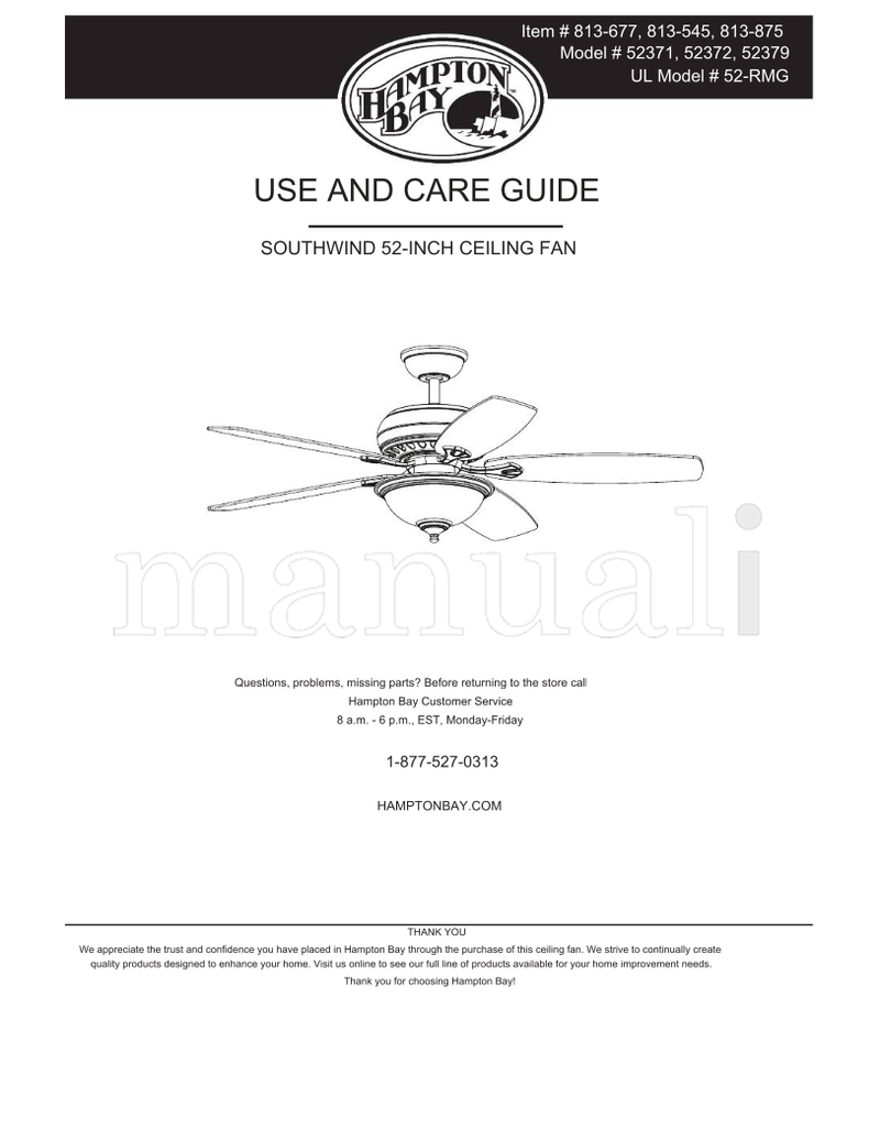 Hampton Bay 52371 52372 52379 52-RMG (32 pages) Ceiling Fan Operating Manual