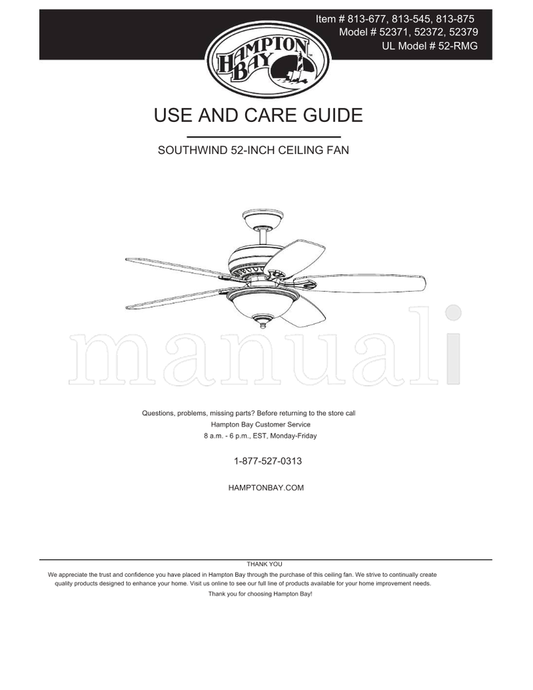 Hampton Bay 52371 52372 52379 52-RMG (32 pages) Ceiling Fan Operating Manual