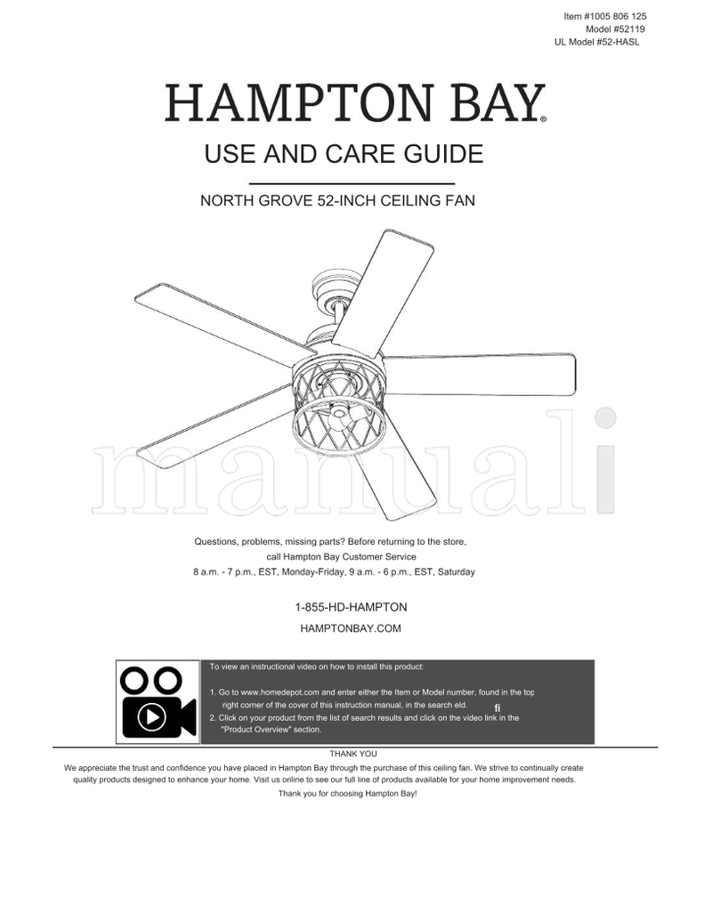 Hampton Bay 52119 52-HASL (32 pages) Ceiling Fan Operating Manual