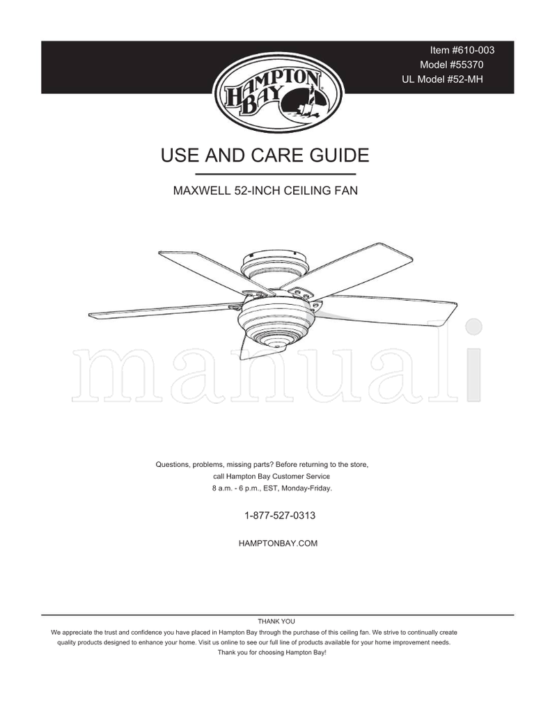 Hampton Bay 55370 52-MH (22 pages) Ceiling Fan Operating Manual