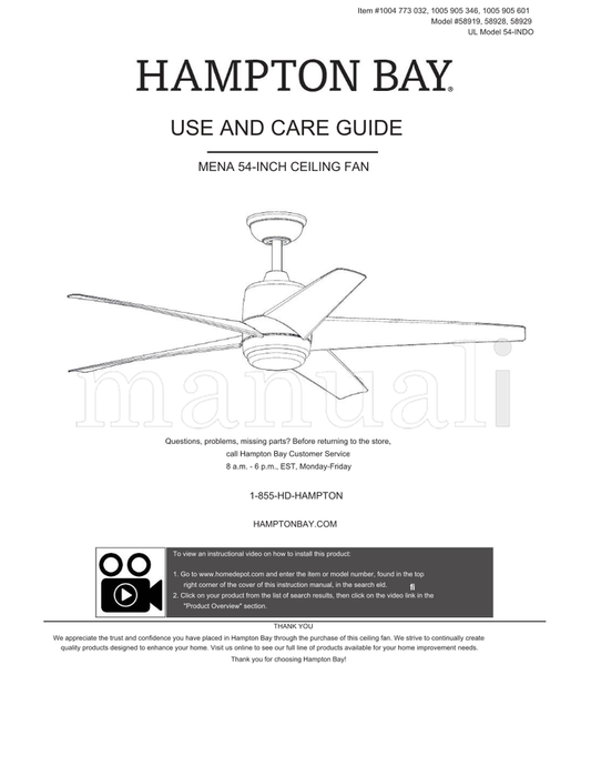 Hampton Bay 58919 58928 58929 54-INDO (15 pages) Ceiling Fan Operating Manual