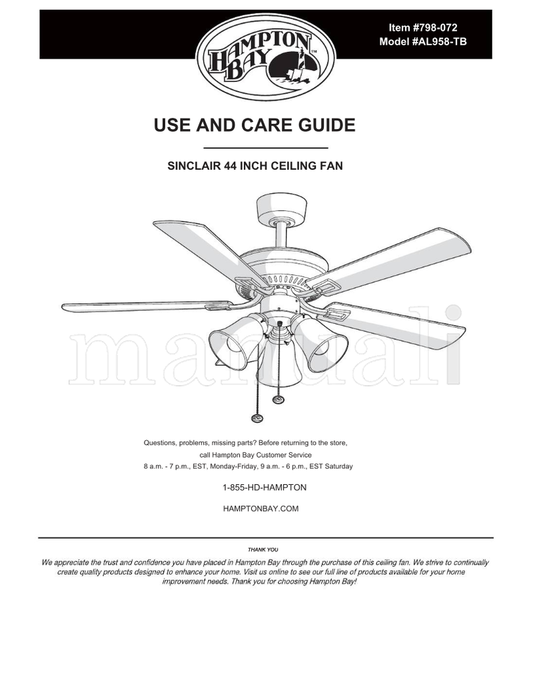 Hampton Bay AL958-TB (18 pages) Ceiling Fan Operating Manual