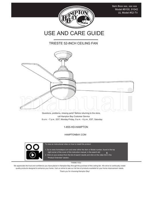 Hampton Bay 9100 91042 52-TV (30 pages) Ceiling Fan Operating Manual