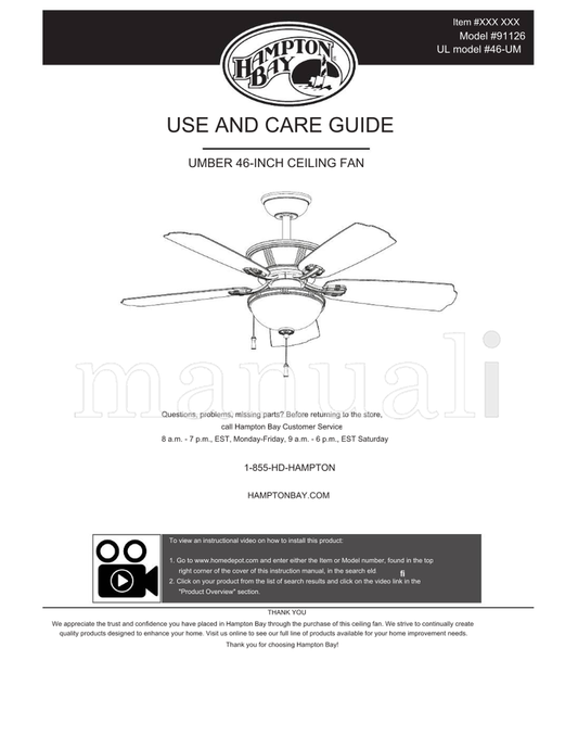 Hampton Bay 91126 (15 pages) Ceiling Fan Operating Manual