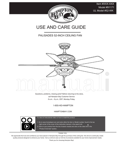 Hampton Bay 91171 52-WK (30 pages) Ceiling Fan Operating Manual