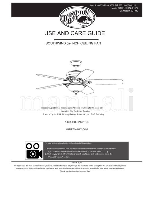 Hampton Bay 91371 91372 91379 52-RMG (34 pages) Ceiling Fan Operating Manual