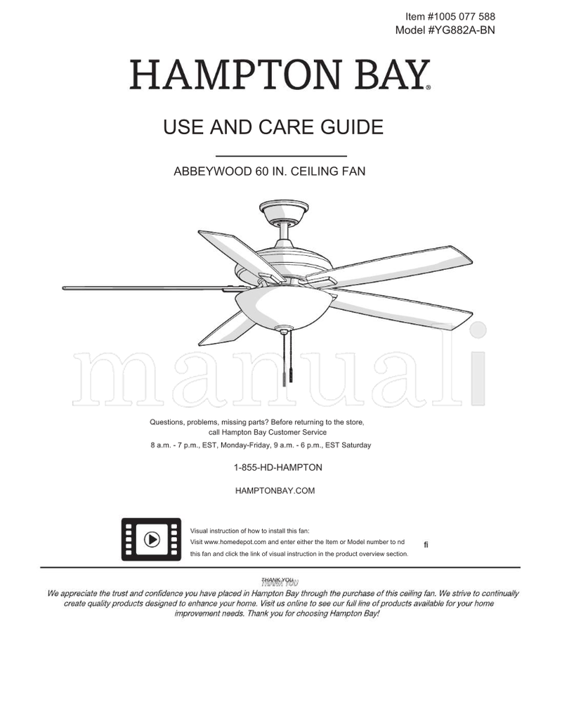 Hampton Bay YG882A-BN (23 pages) Ceiling Fan Operating Manual