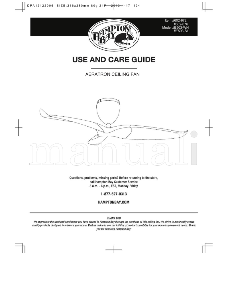 Hampton Bay E503-WH E503-SL (24 pages) Ceiling Fan Operating Manual