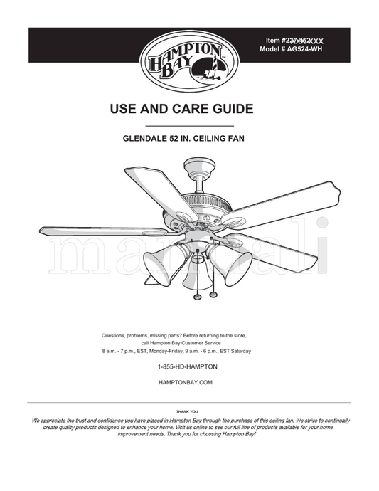 Hampton Bay AG524-WH (20 pages) Ceiling Fan Operating Manual