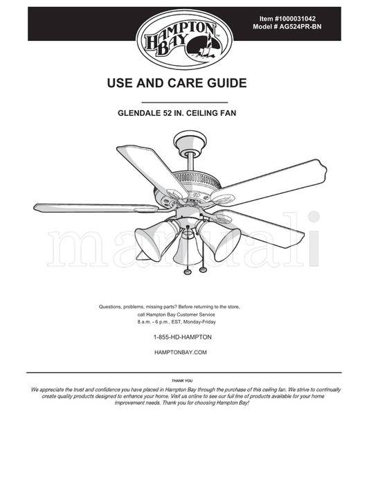 Hampton Bay AG524PR-BN (20 pages) Ceiling Fan Operating Manual