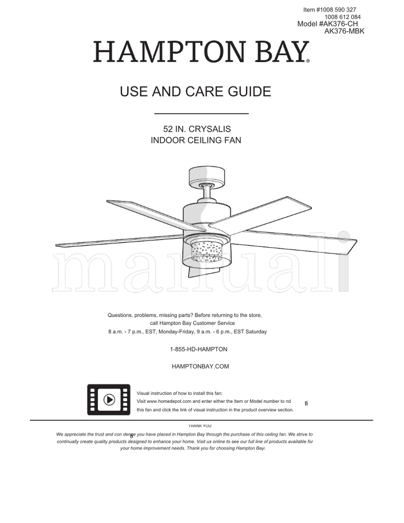 Hampton Bay AK376-CH AK376-MBK (16 pages) Ceiling Fan Operating Manual
