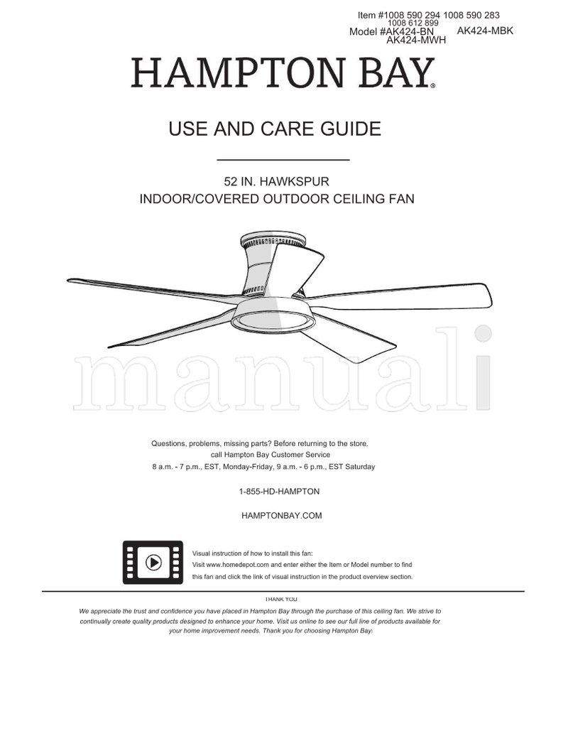 Hampton Bay AK424-MBK AK424-MWH (16 pages) Ceiling Fan Operating Manual