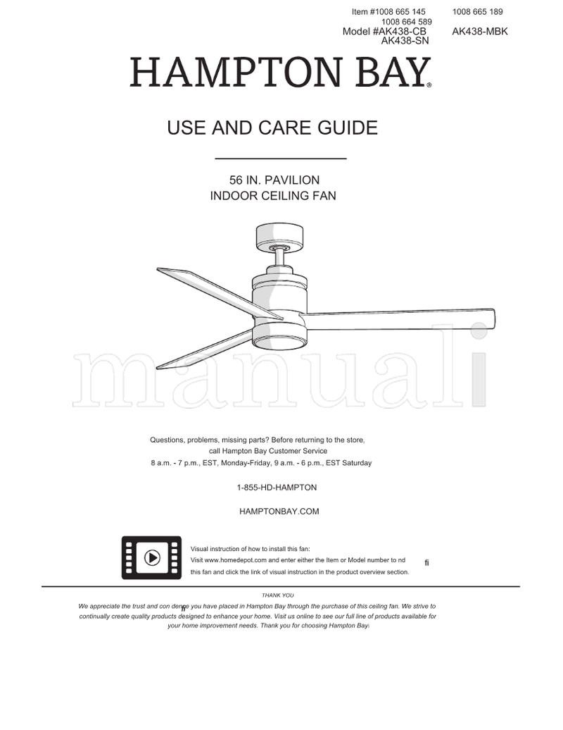 Hampton Bay AK438-CB AK438-SN AK438-MBK (17 pages) Ceiling Fan Operating Manual