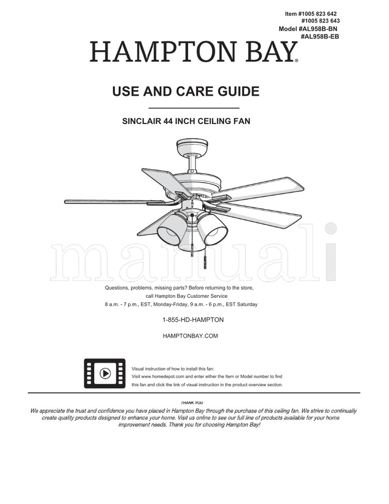 Hampton Bay AL958B-BN AL958B-EB (19 pages) Ceiling Fan Operating Manual