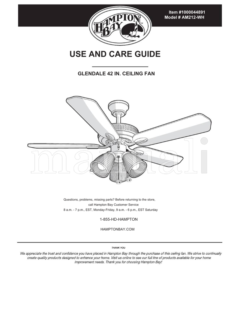 Hampton Bay AM212-WH (21 pages) Ceiling Fan Operating Manual