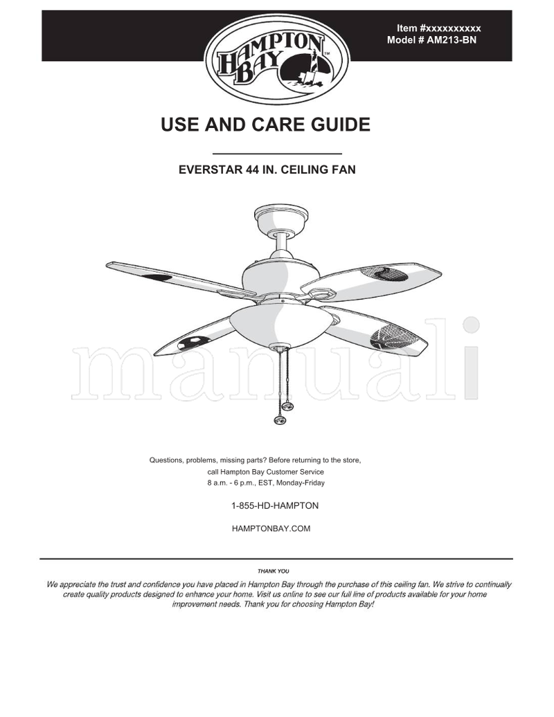 Hampton Bay AM213-BN (22 pages) Ceiling Fan Operating Manual